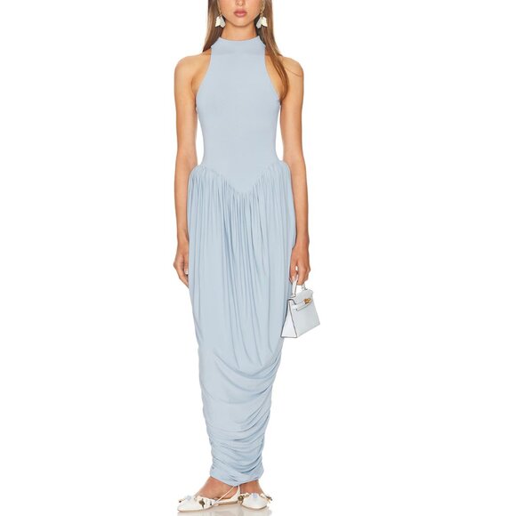 Helsa The Duchess Jersey Midi Dress XSmall Summer Sky Blue Knit Cocktail Party - Picture 4 of 11